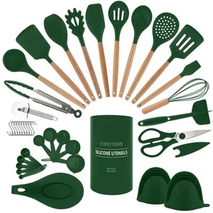 Non Stick Silicone Utensil Set with Rounded Wood Handles for Cooking and Baki... - Picture 1 of 7