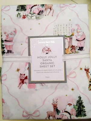 NWT  Pottery Barn Kids Holly Jolly Santa Full Organic Cotton Sheet Set Holiday - Image 1 of 4
