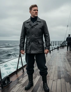 German Black Leather U-Boat Deck Jacket - WW2 Repro Kriegsmarine Coat for Men - Picture 1 of 4