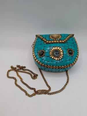 Mosaic Turquoise Coral Red Brass Floral Mandala Clutch Purse - Image 1 of 4