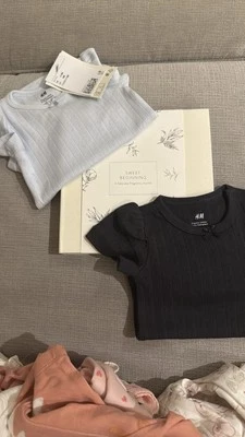 H&M Baby Girl Short Sleeve One Piece in Light & Navy Blue Babygirl outfit Set - Image 1 of 4