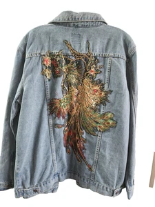 One 5 One Jean Jacket Embroidered Sequined Peacock NWT Med - Bild 1 von 3