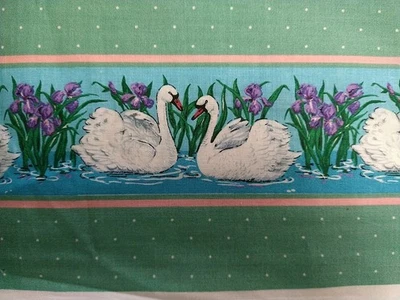 REMNANT Swan Lake Border Print Cranston Fabric Cotton Irises Green Purple 5x17" - Image 1 of 4