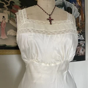 VTG 1930s Ivory Satin Lingerie Night Gown Dress Netting Lace S Bias Cut - Picture 1 of 12