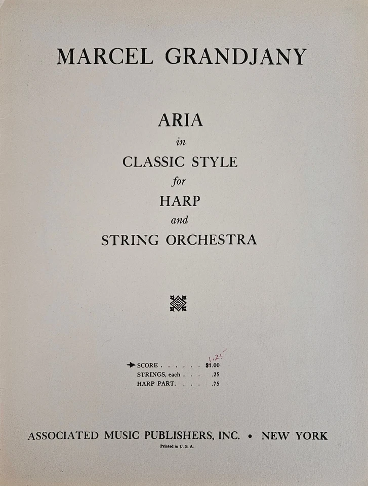 Marcel Grandjany Aria in Classic Style for Harp and String Orchestra - Score NEW - Image 1 of 1