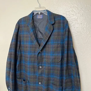 Blazer Pendleton Para Hombre L Azul Lana a Cuadros De Colección Años 50 EE. UU. - Imagen 1 de 16