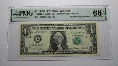 $1 1988 Radar Serial Number Federal Reserve Currency Bank Note Bill PMG UNC66EPQ - Image 1 of 3