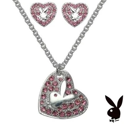 Playboy Jewelry Set Necklace Earrings Silver Pink Swarovski Crystal Heart Bunny - Image 1 of 4