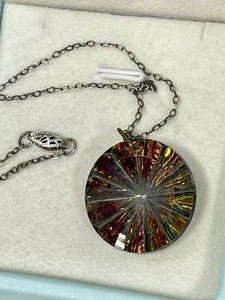 Vintage Aurora Borealis Pin Wheel Glass Pendant & Silver 925 Chain Necklace 442 - Picture 1 of 17