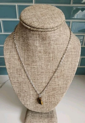 Tiger's Eye Crescent Moon Polished Gemstone 18" Stainless Steel Necklace 🌘 - Image 1 of 4