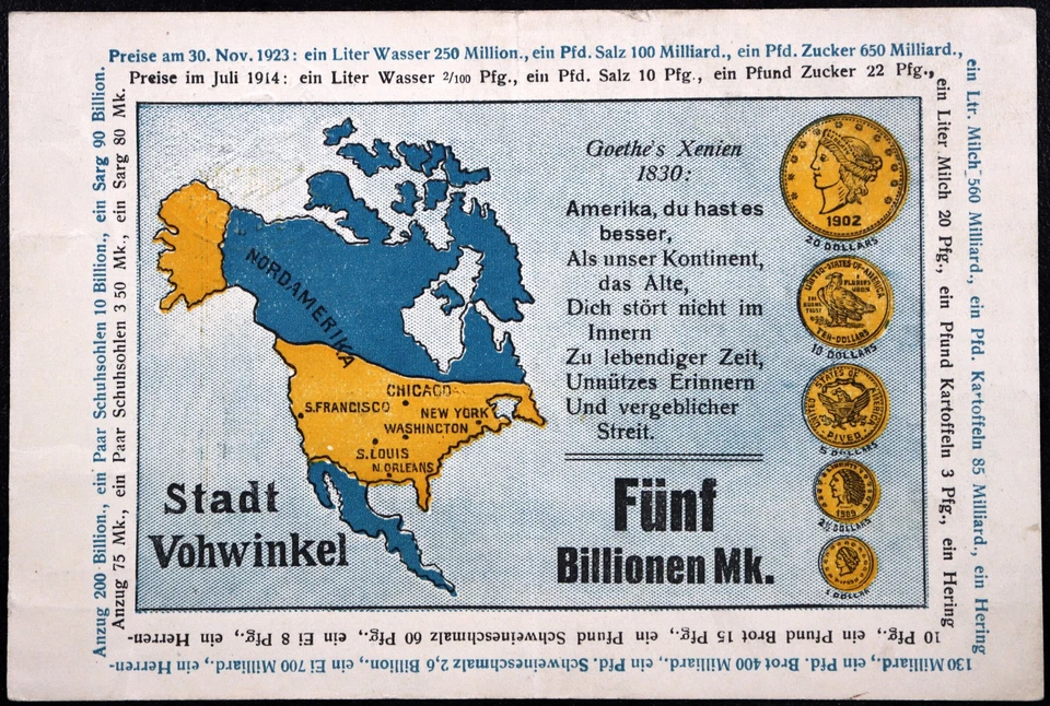 VOHWINKEL 1923 5 Trillion Mark "America, You Have it Better" USA Map, Gold Coins - Image 1 of 2