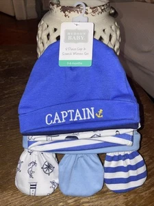 Hudson Baby 8 Piece Caps & Scratch Mittens Set Sailor/blue Size 0-6 Months - Picture 1 of 4