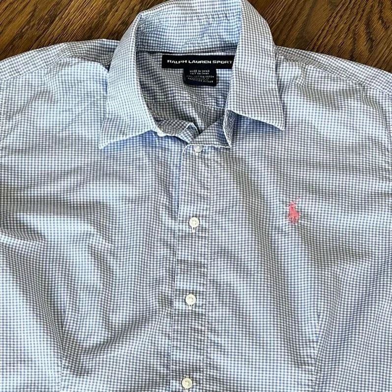 Girls Ralph Lauren Light Blue & White Striped Short Sleeve Slim Fit Button-Up Sh - Image 1 of 4