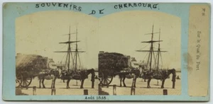 Stéréo 1858 Furne & Tournier. Souvenirs de Cherbourg. Quai du port. Attelage. - Picture 1 of 2