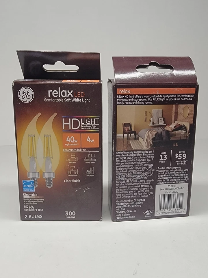 GE Lighting 4W 300 Lumens Soft White Relax HD CAC E12 LED Light Bulb 2pk - Image 1 of 1