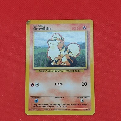 ERROR Growlithe 28/102 Base Set Pokemon Card With Black Layer Visible Error NM - Image 1 of 4