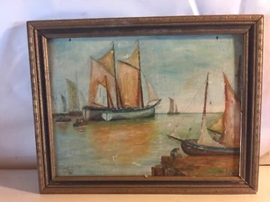 Boot/Segelboote im Hafen, Öl an Bord 19x12 Gemälde,11x14 Rahmen,W.H.C. - Bild 1 von 5