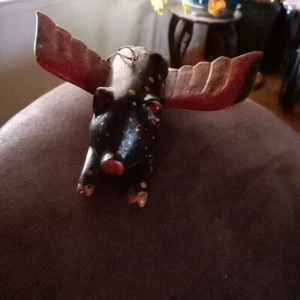 Vintage Hand Carved Wooden Flying Pig w/Hanger, Hand Painted - Picture 1 of 24