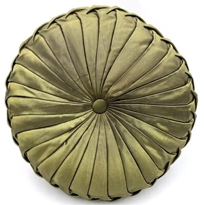 Pintuck Pleated Throw Pillow Satin Taffeta Round Dark Avocado Green 13" Borgata - Picture 1 of 13