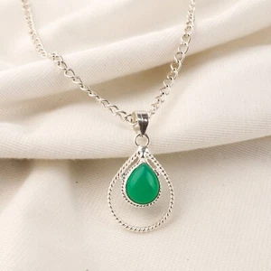 Colgante de plata 925 con bisel de moda de piedra de cabina de ónix verde pera hecho a mano para madres - Imagen 1 de 6