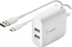 🔥Belkin WCE001dq1MWH Dual USB-A Wall Charger 24W w/ CableNew/Open-Box🔥 - Picture 1 of 3
