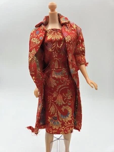 Htf Print Vintage BARBIE Clone BABS FAB-LU PREMIER Gold Red Brocade Coat Dress - Picture 1 of 22