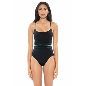 Soluna Swim Summer Soltice Embroidered Stripe Black One Piece Swimsuit Size S - Imagen 1 de 6
