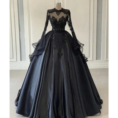 Black Gothic Wedding Dress Lace Appliques Satin Floor Length Vintage Bridal Gown - Image 1 of 4