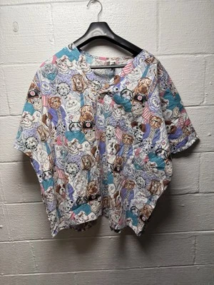 Scrub Top  Short Sleeve V Neck Dog & Cat Animal Print SZ XL - Image 1 of 4