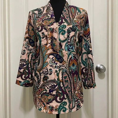 Jaclyn Smith пейсли печать четверть молнии верхний цветной розовый блузка V шеи средний - Изображение 1 из 4