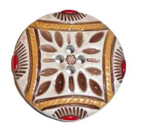 Pretty Large Art Stone Button 4 Hole Sew Down Button - Tan & Red Colored - Picture 1 of 3