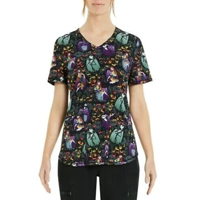L Nightmare Before Christmas Halloween Love Women's Medical V-Neck Scrub Top - Image 1 of 4