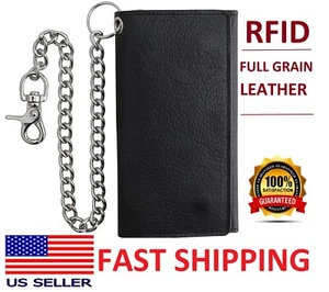 100% premium leather Trifold Cowhide RFID Chain Motorcycle Biker Wallet, Black. - Picture 1 of 7