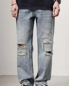 Men's Blue Denim Straight Leg Casual Pants Ripped Holes Straight Leg Trousers - Picture 1 of 10