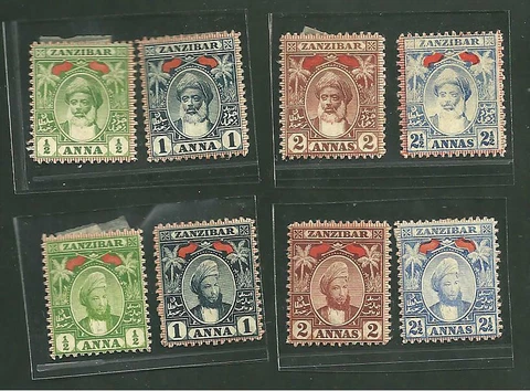 1890s Zanzibar Scott #56, 57, 58, 58A, 62, 63, 65, 66 Mint Hinged Partial Sets Cover