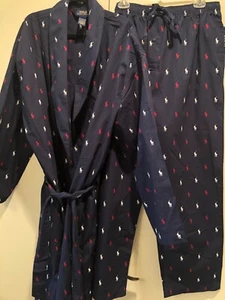 NWT RALPH LAUREN PAJAMA BOTTOMS/LOUNGE PANTS AND ROBE BLUE PONIES ALL OVER L/XL - Picture 1 of 7