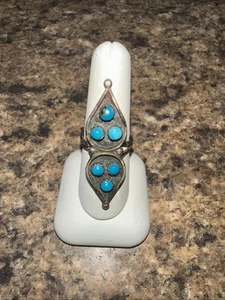 Vintage Artistic Elongated Native Sterling Silver Turquoise Ring Size 7 - Picture 1 of 9