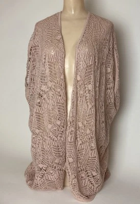 Chico's Travelers Open Knit Topper Size L/XL Pink shimmery Boho short sleeve - Image 1 of 4