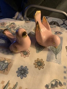 Coppia statuine uccellini della felicità vintage in vetro rosa e oro - Foto 1 di 6