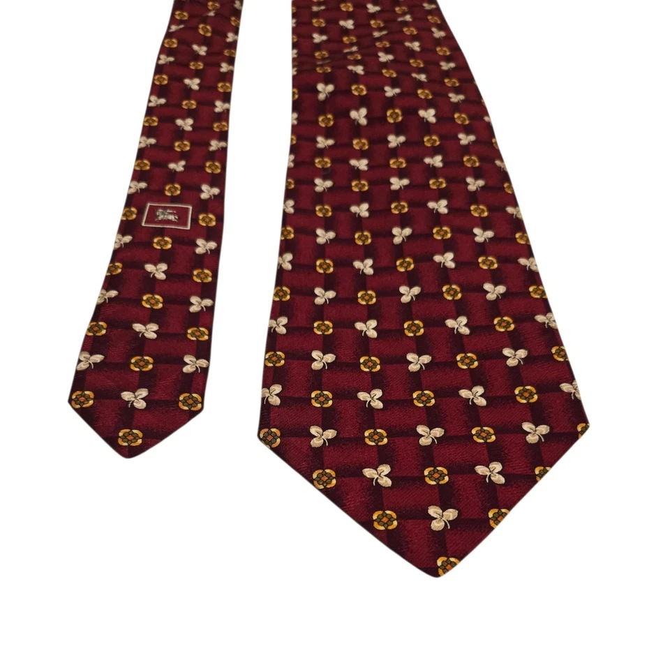Burberry Mens Tie Red Three Leaf Clover 100% Silk Florets Flowers  - Image 1 of 4