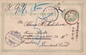 1898 JAPAN PS card 3Sn Tax marking "T" arrival Breslau today Poland Postage Due - Picture 1 of 2