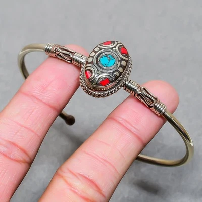 Turquoise Red Coral Handmade Ethnic Jewelry Nepali Bangle Cuff Adjustable SR 618 - Image 1 of 4