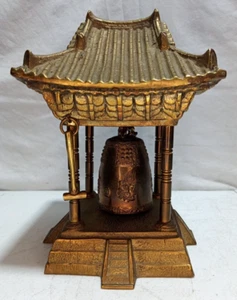 Vintage Oriental Solid Brass Gong Bell Prayer Pagoda Temple with Brass Hammer - Picture 1 of 14