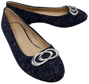 J D WILLIAMS Ladies Navy Texture Flat Pumps Metal Embellished Shoes UK 4 Width E - Picture 1 of 7