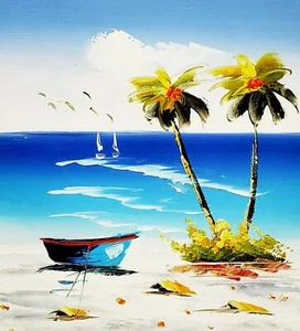 8x10-Stretched-Palm Tree Island #5- Oil Painting on Canvas-(Not Framed) - Picture 1 of 6