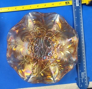 Vintage Imperial Marigold Carnival Glass 8" Pansy & Flowers Ruffled Edge Bowl - Picture 1 of 8