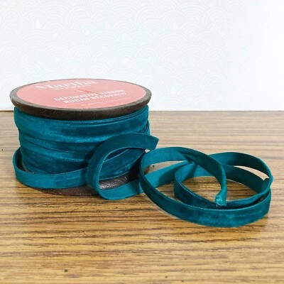 Teal Blue Velvet Ribbon 3/8" 10yd Soft Craft Sewing Trim Gift Wrap w Wood Spool - Image 1 of 4