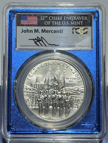2002 W WEST POINT SILVER COMMEMORATIVE DOLLAR $1 PCGS MS 70 JOHN MERCANTI SIGNED Cover
