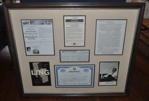 Omega-Alpha Inc LTV James Ling Stock Certificate Securities Documentation Framed Cover