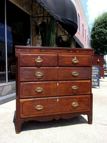 English Oak & Mahogany Hepplewhite Chest with Brass Hardware 18thc Cover